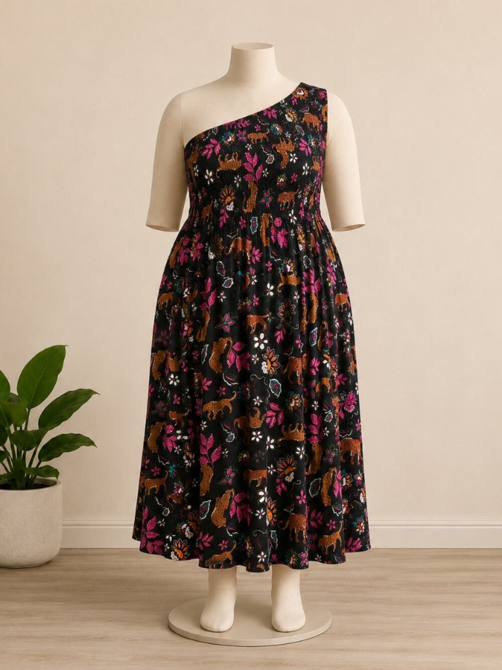 Torrid Leopard Leaves One Shoulder Midi Dress 2X NWT